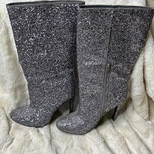 JustFabulous heeled, silver glitter boots. Size 6.5. Zip on sides